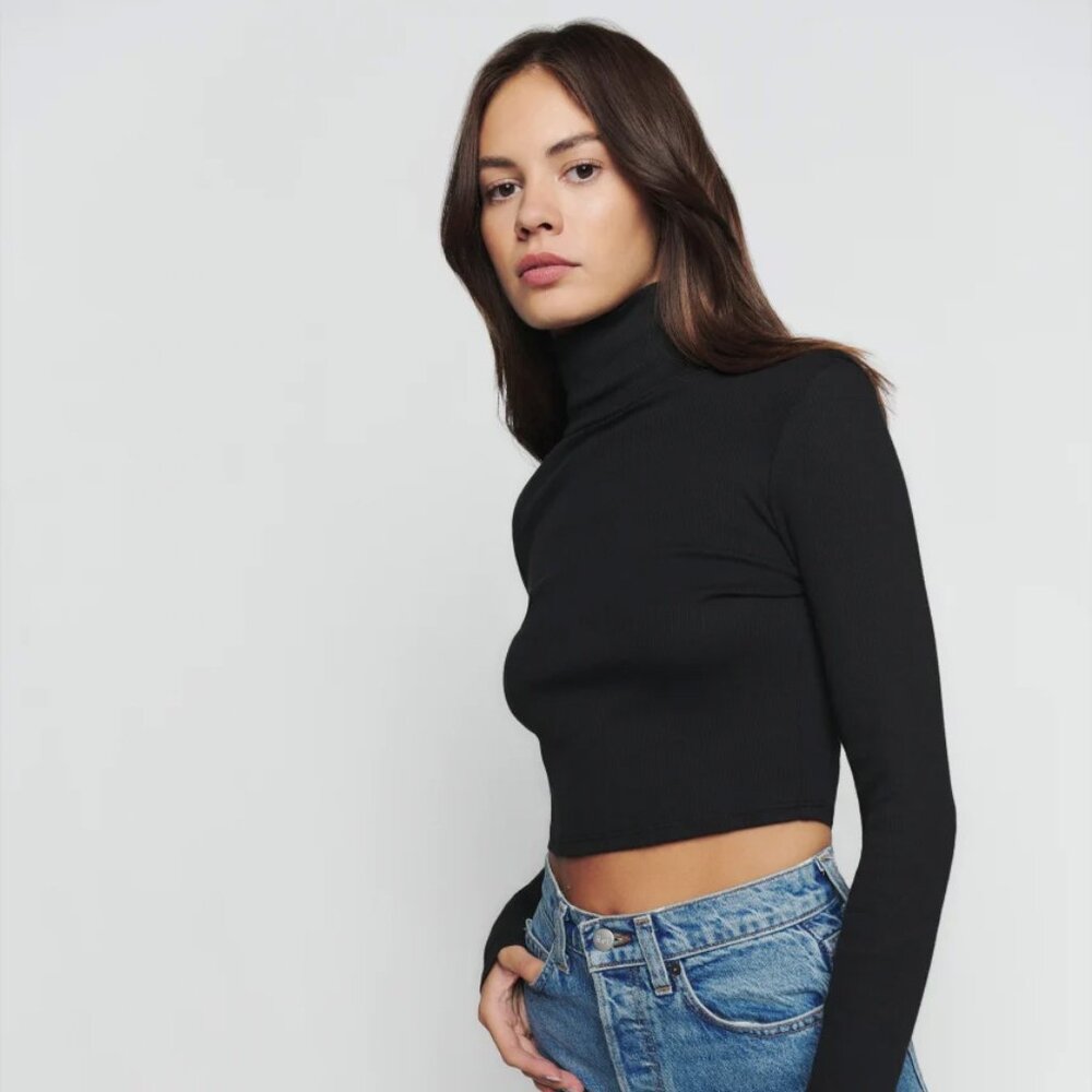 Reformation Davy Cropped Ribbed Turtleneck Tee in Black NWT